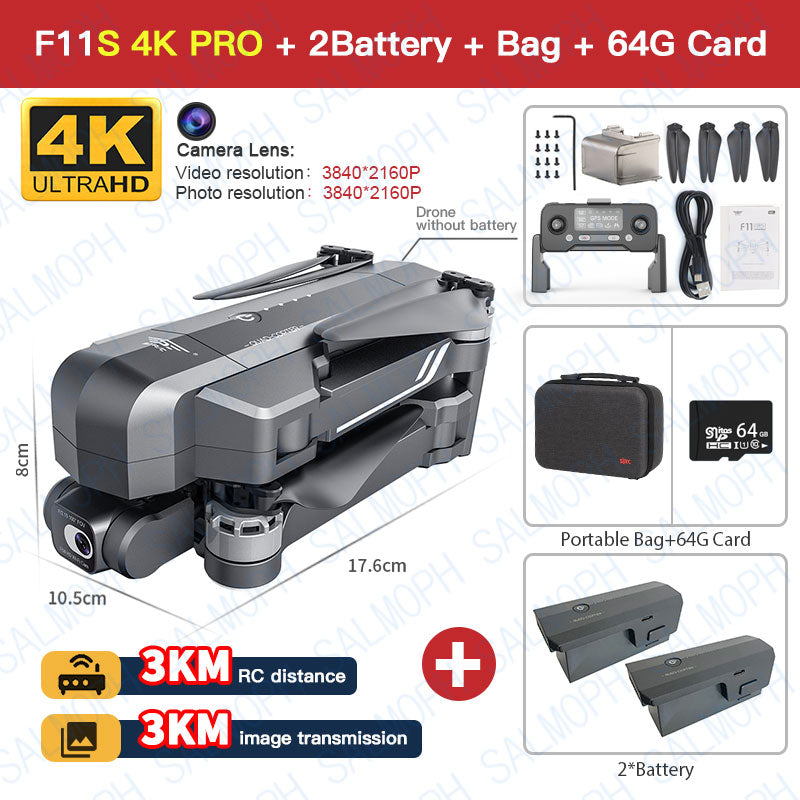 Drone F11S 4K GPS Pro de SJRC | Anti-secousses EIS 2-Axes | Camera WiFi 3Km | Quadcopter RC à Moteur sans Balai
